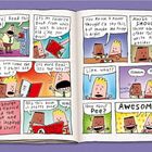 Comic mit zwei Figuren: Sie erhalten ein Buch und diskutieren über Inspiration zum Schreiben. Humorvoll und lebendig gestaltet.