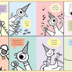 Comic mit einem Vogel in Partyhut: "Testing! One, two, three!", "Attention!", "Tickets, please!", "BIRD-DAY PIGEON!"