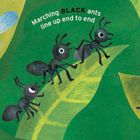 Text: "Marching BLACK ants line up end to end". 
Illustration von bunten Insekten auf Blättern, darunter Ameisen, Schmetterlinge und Käfer.