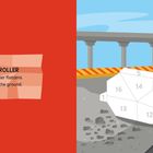 "STEAMROLLER: A steamroller flattens and levels the ground." Rechts eine Illustration von Steinen und einer Baustelle.