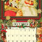 Kalenderblatt für Dezember mit nostalgischen Weihnachtsillustrationen, darunter Weihnachtsmann, Spielzeug und festlichen Rosen.