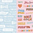 Links wiederholt "The South" in verschiedenen Schriftarten auf blauem Hintergrund. Rechts bunte Südstaaten-Sprüche.