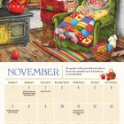 „NOVEMBER“ oben, mit Spruch: „Be gentle with yourself and others. Even the smallest act of kindness is worthwhile.“ Illustration: Ein älterer Mann gibt einer Frau auf einem Sessel eine Tasse. Draußen Herbstlaub. Unten ein Kalenderblatt.