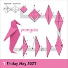 "penguin", "7 Friday May 2027". Origami-Anleitung eines rosa Pinguins in 8 Schritten.