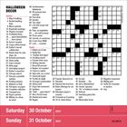 Texte: "HALLOWEEN DECOR", "Saturday 30 October 2027", "Sunday 31 October 2027".  
Ein Kreuzworträtsel und Kalenderausschnitt.