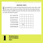 Text: BOXED MIX, G I A N T E, N U E V E A, C A V E E L, T R E E R N, C E S A R M, G R E M E R. Ein Gitter mit einem "V".