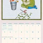 Text: "Start by doing just one thing." Kalenderblatt für September mit Zeichnung eines Frosches mit Pilzhut, Blumen und Schere.
