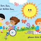 Ein fröhliches, sonniges Bild mit Kindern und Tieren in einem Garten. Ein großer, lächelnder Sonne am Himmel.