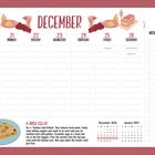 Kalender für Dezember 2026 mit Wochenübersicht. Rezept: "A QUICK EGG-SIT". Feiertage markiert. Illustration von Speisen oben.