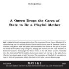 Titel: "A Queen Drops the Cares of State to Be a Playful Mother". Datum: "MAY 1, 1953". Text handelt von Queen Elizabeth II. Datum: "MAY 1 & 2, 2027".