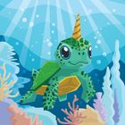 Illustration: Eine grüne Schildkröte mit einem Einhornhorn schwimmt im Meer, umgeben von Korallenriffen und Sonnenstrahlen.