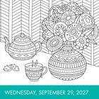 Text: "Wednesday, September 29, 2027". Illustration: Teekanne, Tasse, Kekse, dekorative Vase mit Blumen, Hintergrundmuster.