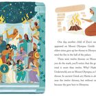 Links eine Illustration, die zwölf griechische Götter darstellt, rechts ein Text über Hestia und Dionysus.