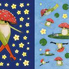 Illustration: Ein Frosch mit Fliegenpilz-Hut und roten Stiefeln, umgeben von gelben Blüten auf blauem Hintergrund.