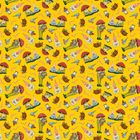 Verschiedene bunte, verspielte Illustrationen von Gnome, Vögeln, Fliegenpilzen und Tieren auf gelbem Hintergrund.