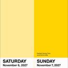 "SATURDAY November 6, 2027", "SUNDAY November 7, 2027" und "Daylight Saving Time ends (US & CAN)". Zwei gelbe Hälften.