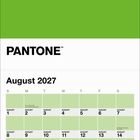 Kalender für August 2027, Pantone-Logo oben, grüner Hintergrund, Tage in hellgrün markiert.