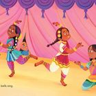 Text: "Ghungroo bells sing." Illustration von Kindern, die in farbenfroher indischer Kleidung tanzen. Bühnenhintergrund in Rosa und Lila.