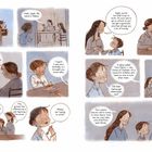 Dialoge zwischen einem Kind, Izaak, und zwei Frauen über ein Waisenhaus und Arbeit. Sanfte, zarte Illustrationen.