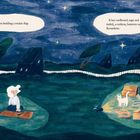 Links: "I'm building a rocket ship." Rechts: "It has cardboard, tape and tinfoil, a cushion, batteries and Bernadette." Illustration: Ein Kind und Katze in nächtlicher Landschaft, Pappkartons und Häuser im Hintergrund.