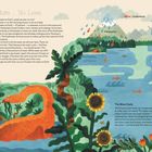 Text: „No More ... No Less“, „Condensation“, „Precipitation“, „Evaporation“, „The Water Cycle“. 

Illustration: Ein Fluss fließt von Bergen zum Meer mit Sonnenblumen und Tieren. Ein Leuchtturm am Ufer. Wolken und Sonne.