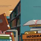 Links: Ein Wurm hält ein Buch mit dem Titel „A Worm's Work“ in einer Bibliothek. Rechts: Ein Wurm liegt auf aufgeschlagenen Büchern.