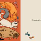 "Cats come in many shapes." Illustration von Katzen in verschiedenen Farben und Formen spielend auf rotem Hintergrund.