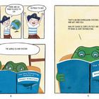 Ein Kind mit Piratenhut hält einen Globus und spricht enthusiastisch über Abenteuer. Ein Frosch liest entspannt ein Buch.
