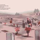 Inmitten von Grabsteinen tasten wir uns vor. Familie sucht Vorfahren. Kinder spielen. Illustriert in Pastelltönen.