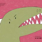 Illustration eines grünen Dinos mit spitzen Zähnen auf rotem Hintergrund. Text über das Zählen: "ONE, TWO, THREE ... ROAR!!!".