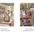 C is for Cat, who reflects on its self. D is for Duck, guarding toys on a shelf. Links: Katze vor Spiegel. Rechts: Ente auf Regal.