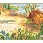 Eine Schildkröte namens Franklin schaut einen Käfer an, während andere Schildkröten ihn zur Eile antreiben. Eine malerische Naturkulisse.