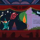 Text: "Sometimes we dream for fun, and our mind becomes a fantastic stage where anything can happen."  
Illustration: Eine Bühne mit Mond, Zauberer, Vögeln und Vorhang.