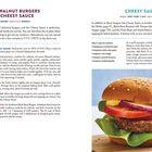 "LENTIL-WALNUT BURGERS WITH CHEESY SAUCE" und Rezeptdetails. Rechts unten ein Burger mit Salat und Tomate auf einem Brötchen.