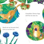 Texte: "I'm a Hazel Dormouse," "Hazels are my favourite food," "Caterpillars, flowers, bugs and fruit are tasty too," "Especially blackberries, which can turn my whiskers blue."

Illustration mit Haselmaus, Brombeeren und Blättern. 