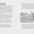 "Creating a Swale Using an A-Frame" erklärt Schritt für Schritt, wie man ein A-Rahmen-Werkzeug zur Erstellung einer Konturlevel nutzt. Neben einem Text ist eine Illustration mit einem Mann, der ein A-Rahmen benutzt, um das Level eines Hangs festzustellen.