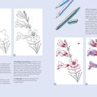 Texte: "A Note on Supplies", "Defining the Shapes", "Adding Details", "Foothill penstemon flowers", "Answering the Call".

Die Illustration zeigt schrittweise Zeichnungen von Blumen, mit Bleistiften und Stift oben rechts.