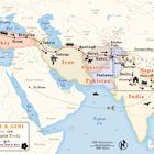 "Rick & Gene on the Hippie Trail" zeigt eine Route von der Türkei bis Indien mit markierten Städten und Transportmitteln.