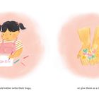 "Some would rather write their hugs, or give them as a treat." Eine Illustration zeigt ein Kind beim Zeichnen und Hände mit Herzen.