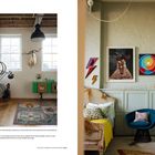 Texte: "ABOVE" und "OPPOSITE". Links: Moderne Wohnung mit Fahrradaufbewahrung. Rechts: Vintage-Schlafzimmer mit Kunst an den Wänden.