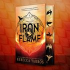 "Iron Flame; Burn. It. Down.; Rebecca Yarros." Ein Buchcover in orange mit Drachen-Silhouetten und einem Fantasy-Design.