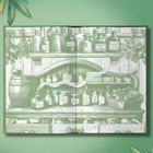 Illustration eines Kräuterregals mit Gläsern: "Lemon Balm", "Chamomile", "Blue Vervain". Oberflächen sind holzartig.