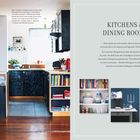 Links Text über Küchendesign, rechts "KITCHENS & DINING ROOMS" mit Zitaten. Bild zeigt stilvolle Küche mit Holzregalen.