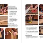 Links: "Mortise for hinges", "Glue the frame", rechts: "The cabinet carcass", "Glue the carcass". Handwerkliche Schritte mit Holz.