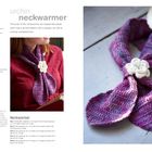 "Urchin neckwarmer" steht oben. Links Text zu Materialien und Anleitungen, rechts ein violetter Schal mit weißer Blume.
