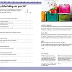 Fragebogen mit Kategorien wie Küche, Wohnzimmer und Kinderzimmer. Enthält Fragen zu ungenutzten Gegenständen. Rechts bunte Boxen.
