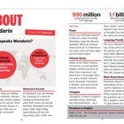 Texte: About Mandarin; Who speaks Mandarin?; Pǔtōnghuà; 990 million; 1.1 billion.  
Grafik: Weltkarte, rote Kreise für Sprachverbreitung.