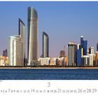"Dubai, The Corniche Road West" steht unten links. Moderne Hochhäuser vor blauem Himmel; Kalender mit März-Daten.
