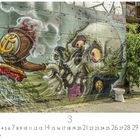 Kalenderblatt für März. Wandkunst mit Totenkopf und Pfeife, die Rauch ausstößt. Daneben eine Pflanze und eine Toilette.