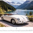 Text unten: „Porsche 356 Cabrio“. Berglandschaft mit einem weißen Cabrio vor einem See.